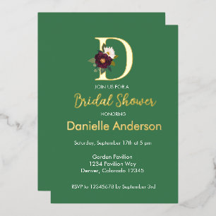 Green Floral Monogram Letter D Bridal Shower Gold