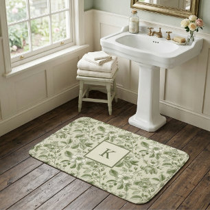Green Floral Monogram Vintage Botanical Bath Mat