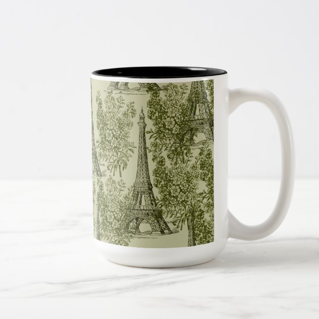 Green Floral Paris Eiffel Tower Two-Tone Coffee Mug (Right)
