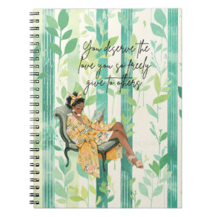 Green Floral Pattern Black Girl Reading Writer's  Notebook