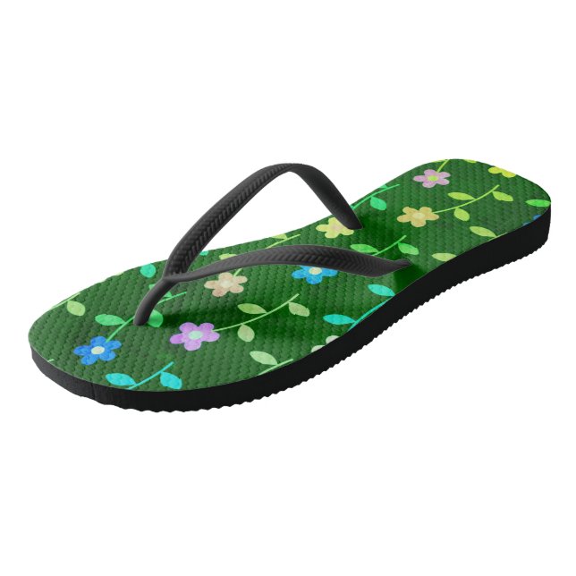 Green Floral Pattern Flip Flops (Angled)
