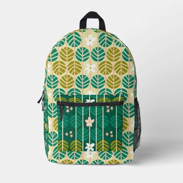 Green floral pattern groovy retro boho  printed backpack (Front)