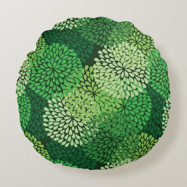 Green floral pattern round cushion (Front)