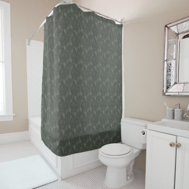 Green, floral pattern shower curtain (In Situ)