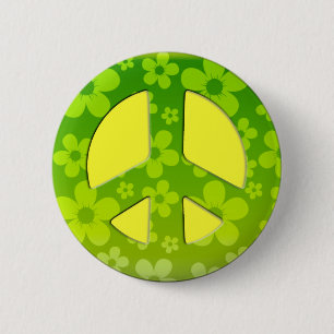 GREEN FLORAL PEACE SIGN 6 CM ROUND BADGE