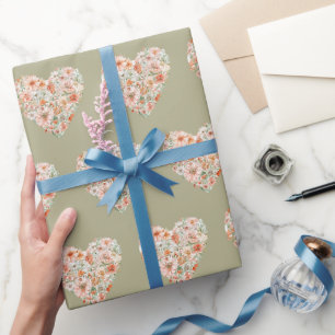 Green Floral Peach Orange Blush Hearts Birthday Wrapping Paper