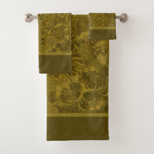 Green Floral Peacock Feather Damask Luxury Bath To Towel Set
