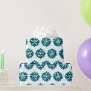 Green Floral Pentagram Witch White Halloween Wrapping Paper
