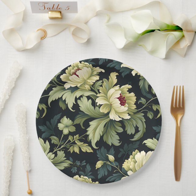 Green Floral Peony Modern Paper Plate (Wedding)