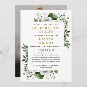 Green Floral Photo Celebration Of Life Funeral  Invitation
