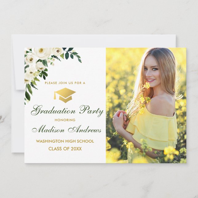 Green Floral Photo Gold Graduation Party Invite (Front)