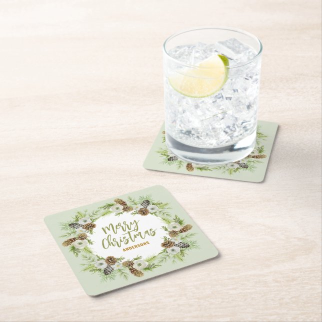 Green Floral Pines Christmas Wreath Square Paper Coaster (Insitu)