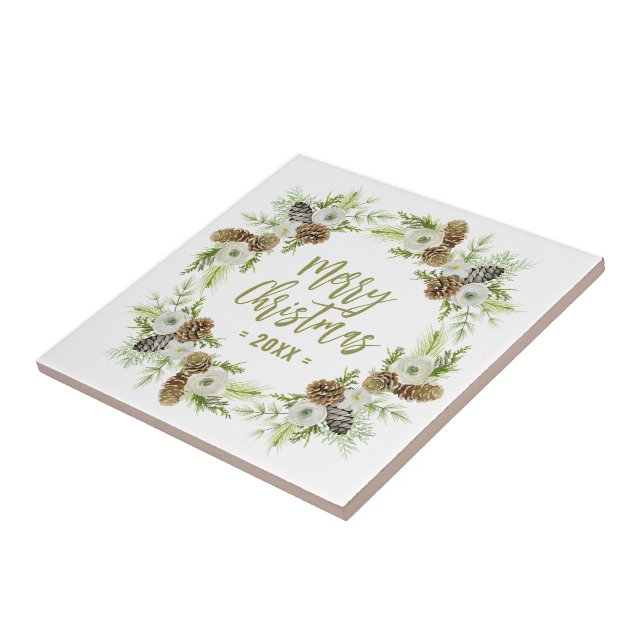 Green Floral Pines Christmas Wreath Tile (Side)