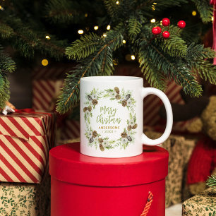 Green Floral Pines Christmas Wreath Two-Tone Coffee Mug