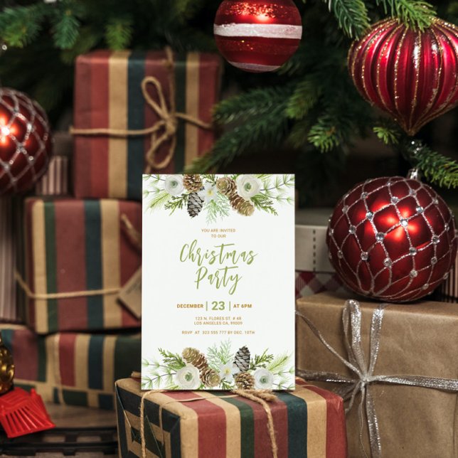 Green Floral Pines Wreath Christmas Invitation (Creator Uploaded)