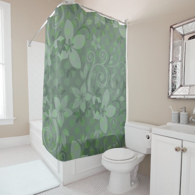 Green Floral Polkadot Shower Curtain (In Situ)