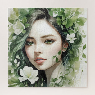 Green Floral Portrait of a woman Jigsaw Puzzle