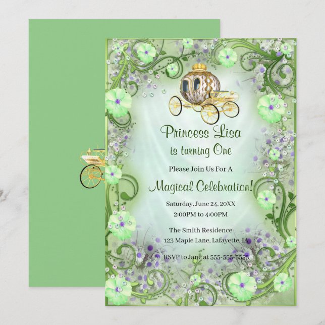 Green Floral Princess Enchanted 1st Birthday Invitation (Front/Back)