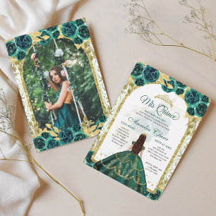 Green Floral Princess Gold Arch Photo Quinceanera Invitation