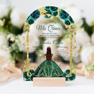Green Floral Princess Gold Arch Quinceanera Acrylic Invitations