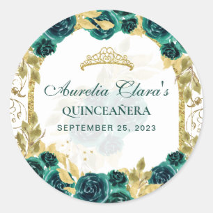 Green Floral Princess Gold Arch Quinceanera Classic Round Sticker