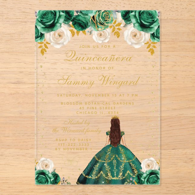 Green Floral Princess Quinceañera Acrylic Invitations (Front)