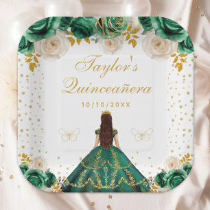 Green Floral Princess Quinceañera Paper Plate