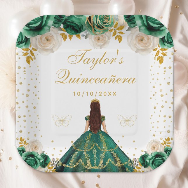 Green Floral Princess Quinceañera Paper Plate (Creator Uploaded)