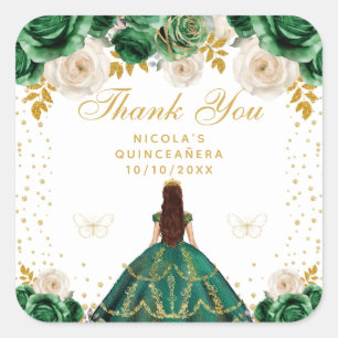 Green Floral Princess Quinceañera Square Sticker