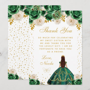 Green Floral Princess Quinceañera Thank You Card