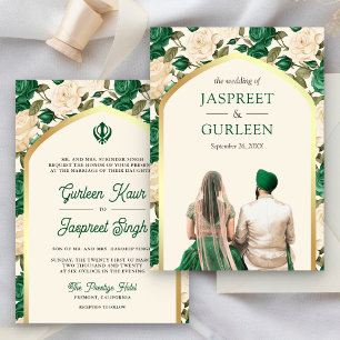 Green Floral Punjabi Anand Karaj Sikh Wedding Invitation