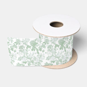 Green Floral Roses French Chinoiserie Pattern Satin Ribbon