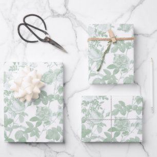 Green Floral Roses French Chinoiserie Pattern Wrapping Paper Sheet