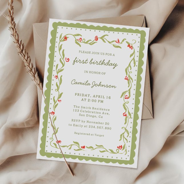 Green Floral Scalloped Frame Birthday Invitation (Creator Uploaded)