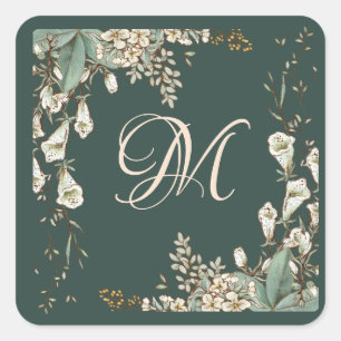 Green Floral Script Monogram Elegant Wedding Square Sticker