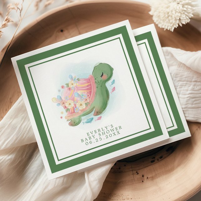 Green Floral Sea Turtle Cute Baby Shower Napkin (Creator Uploaded)
