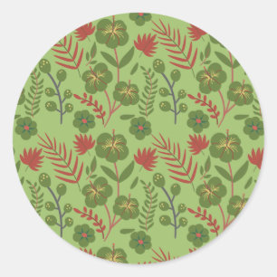 Green floral seamless pattern flower, branch, leaf classic round sticker