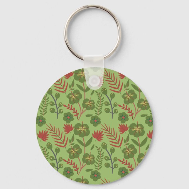 Green floral seamless pattern flower, branch, leaf key ring (Front)