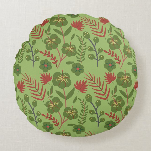 Green floral seamless pattern flower, branch, leaf round cushion (Front)