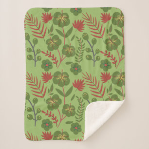 Green floral seamless pattern flower, branch, leaf sherpa blanket