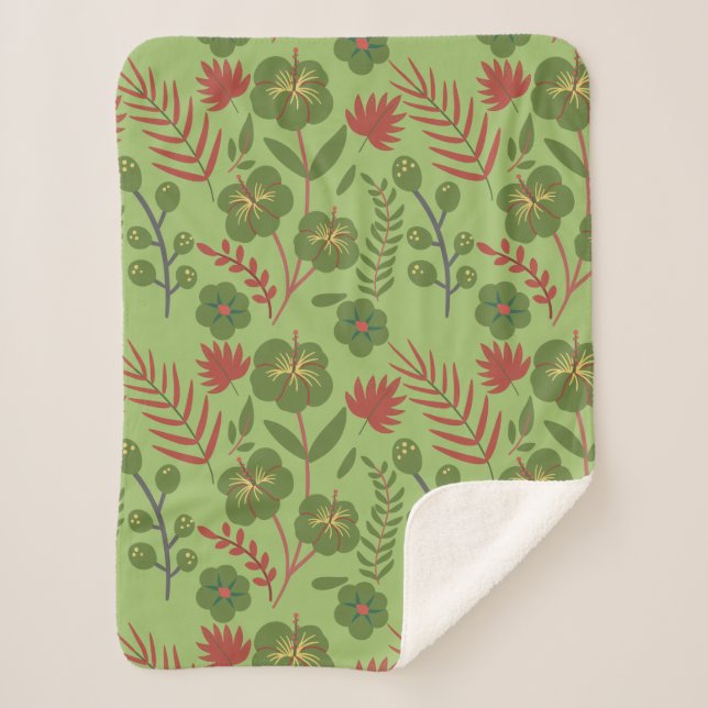 Green floral seamless pattern flower, branch, leaf sherpa blanket (Front)