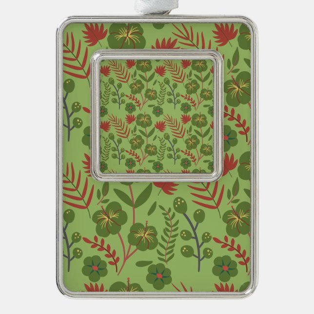 Green floral seamless pattern flower, branch, leaf silver plated framed ornament (Front)