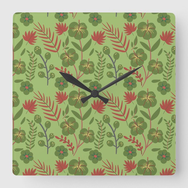 Green floral seamless pattern flower, branch, leaf square wall clock (Front)