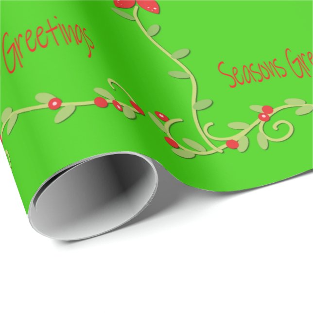 Green Floral Season's Greetings  Wrapping Paper (Roll Corner)