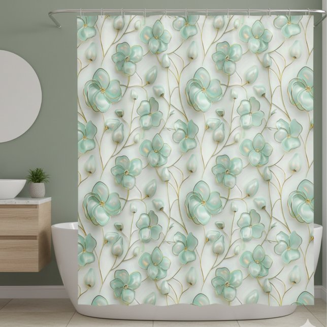 Green Floral Shower Curtain (elegant aqua green gold floral shower curtain)