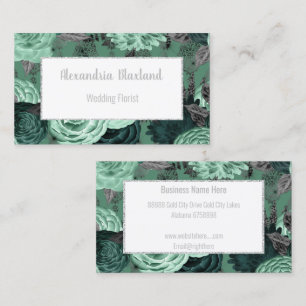 GREEN FLORAL SILVER GLITTER BUSINESS CARD