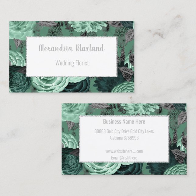 GREEN FLORAL SILVER GLITTER BUSINESS CARD (Front/Back)