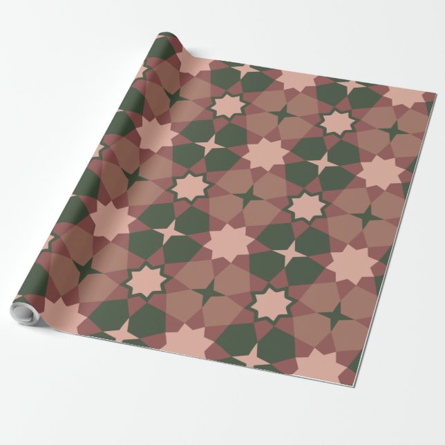 Green Floral Star Gift Wrap Paper Pink (Unrolled)