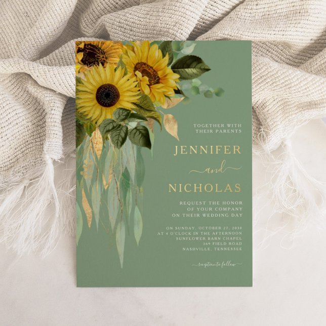 Green Floral Sunflowers Wedding Gold  (Green Floral Sunflowers Wedding Gold Foil Invitation)