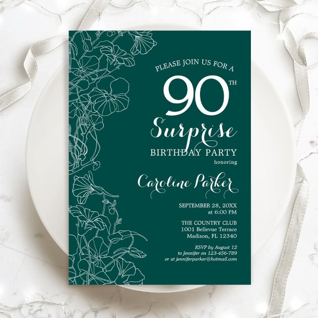 Green Floral Surprise 90th Birthday Party Invitation (Creator Uploaded)